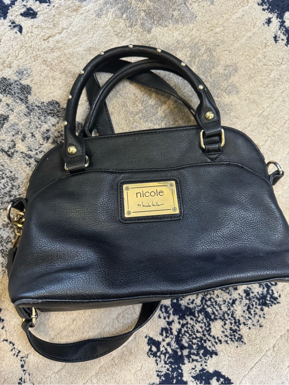 Nicole Black Leather Satchel with Gold Plaque